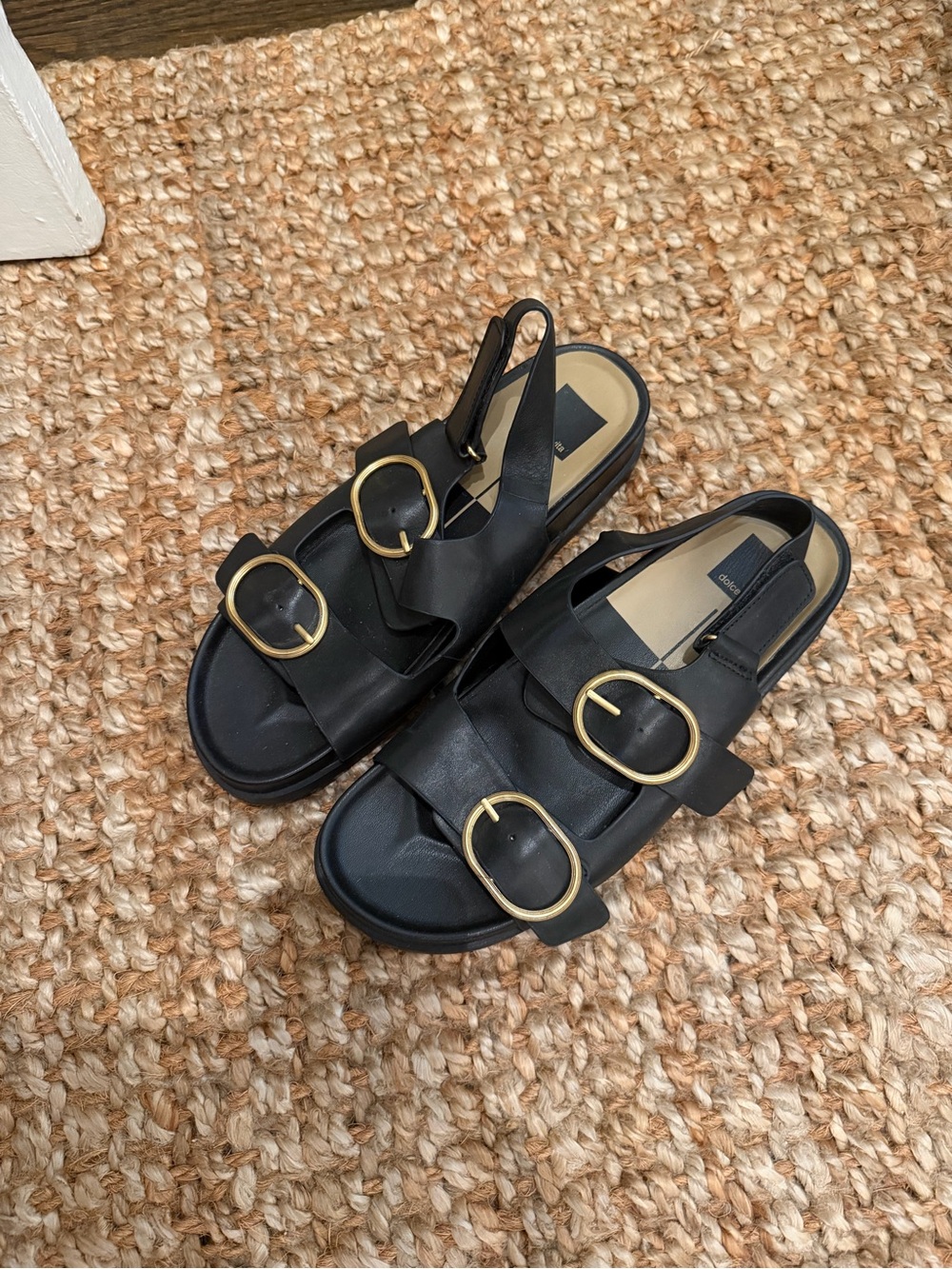 Dolce Vita Women's Black Leather Slingback Sandals with Gold Buckles